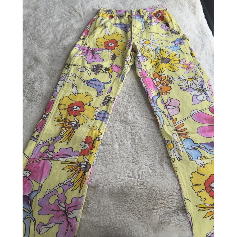 Keith Kelly NYC Floral Carpenter Pants Yellow Pink Straight Utility Small 263 - Picture 3 of 7